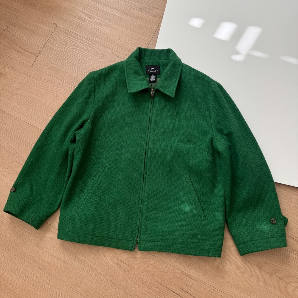 Vintage Green Wool Blend Herringbone Zip Up Jacket Medium 90s The Limited